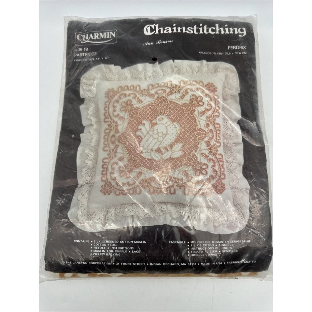 Vintage Charmin Chainstitching Partridge Bird Ann Benson 14x14 Pillow Kit